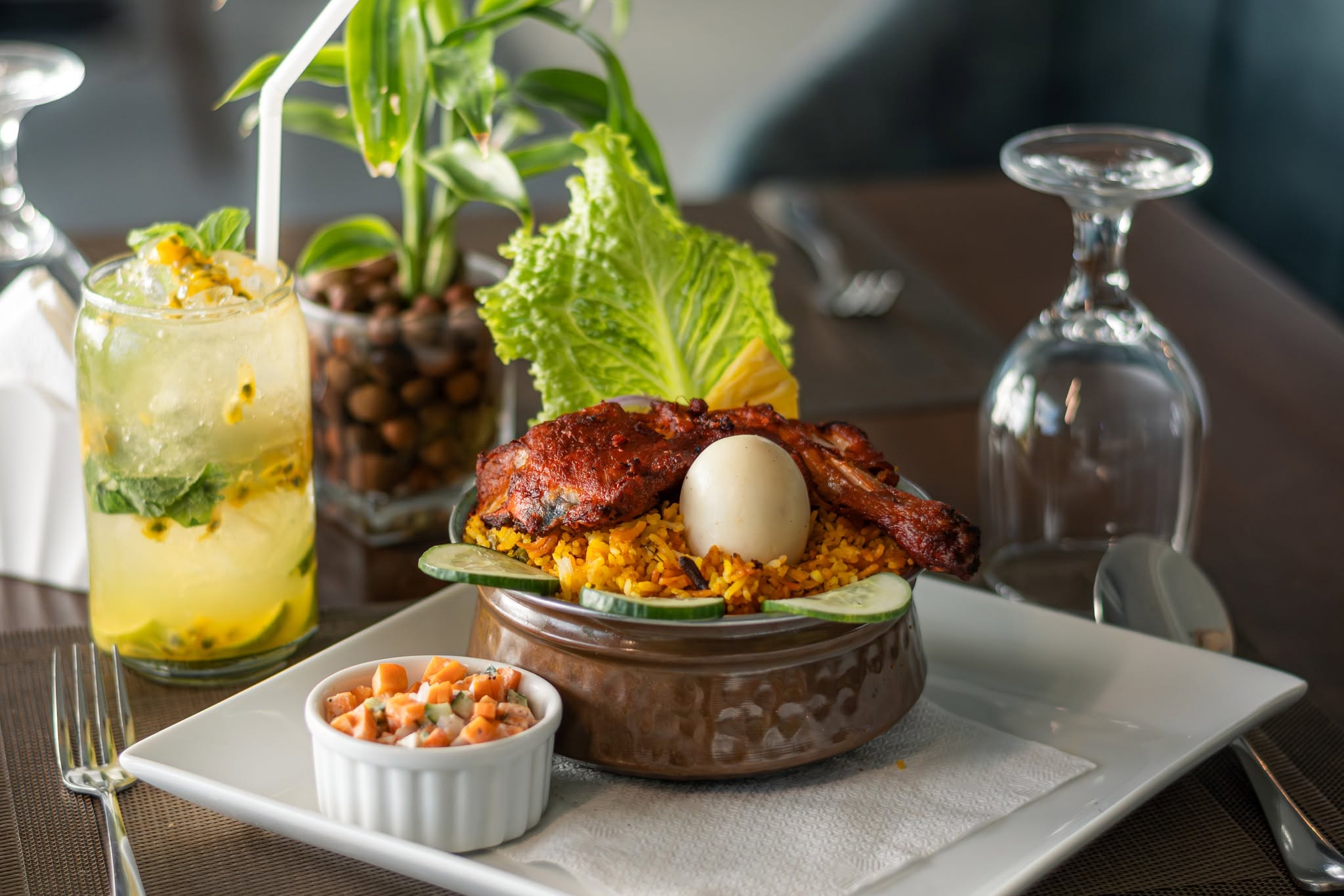 Biryani and passionfruit drink